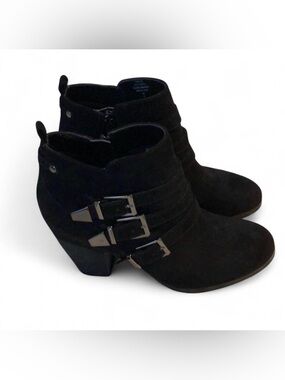 Crown Vintage Black Suede Ankle Booties with Buckle Detail